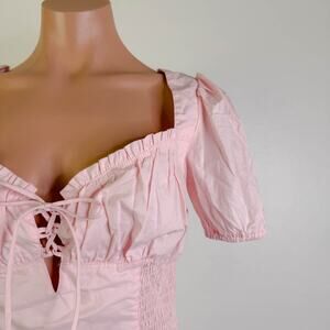 ASTR Milkmaid Fairy Cottagecore Puff Sleeve Smocked Poplin Crop Top Pink S NWT